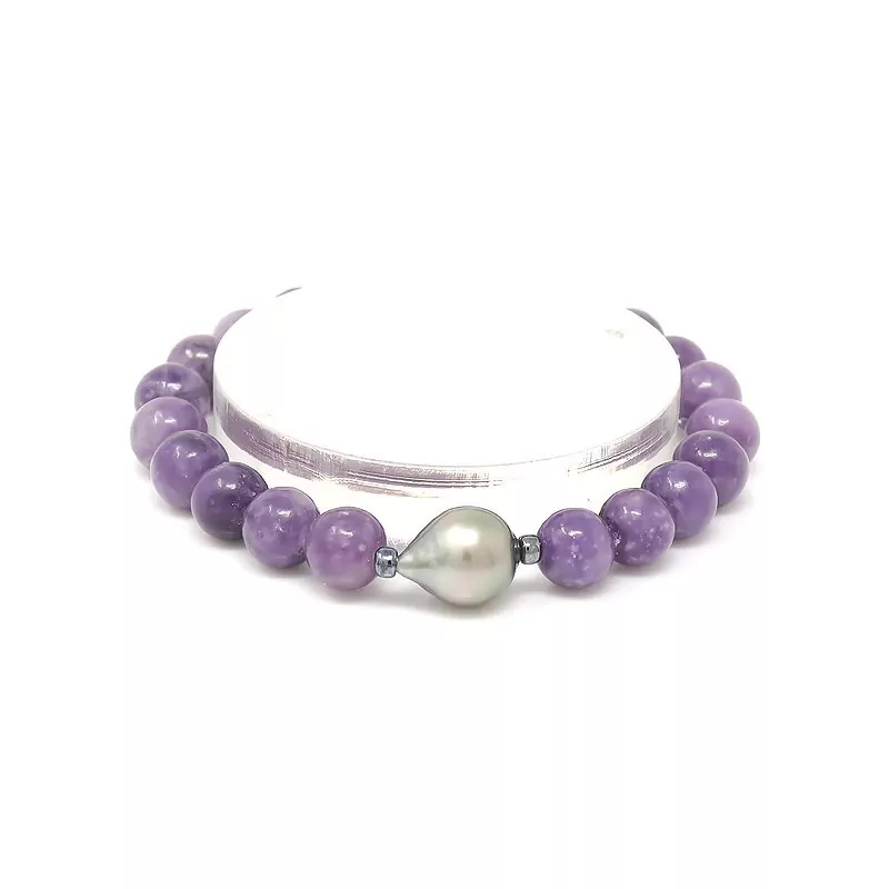 Purple Lepidolite Bracelet With Tahitian Pearl Enchase Purple Lepidolite Bracelet With Tahitian Pearl Enchase - HerMJ