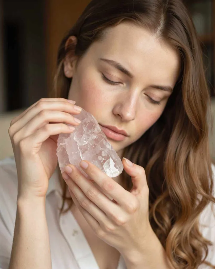 HerMJ_Rose_Quartz_Crystal_Meaning_Article_Woman_Comtemplates_Holding_Her_Rose_Quartz_Crystal