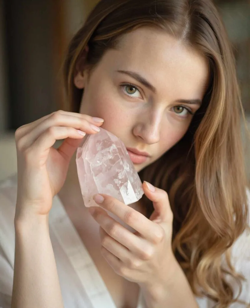 HerMJ_Rose_Quartz_Crystal_Meaning_Article_Woman_Holds_Her_Rose_Quartz_Crystal