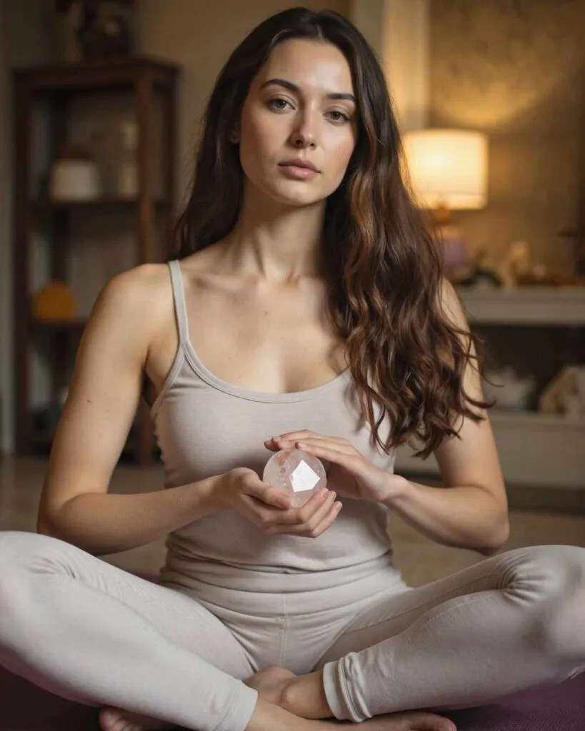 HerMJ_Rose_Quartz_Crystal_Meaning_Article_Woman_Meditates_With_Rose_Quartz_Crystal