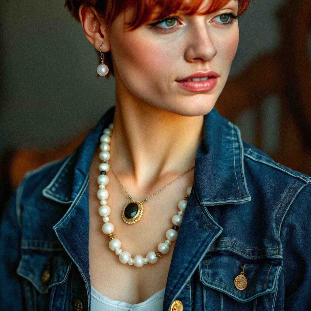 Woman in Demim Jacket Wearing Layered Pearls