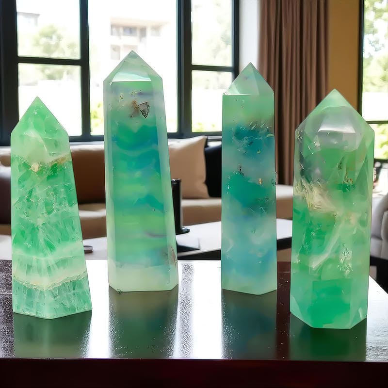 Bright green and blue natural gemstone and pearl decor sculptures, showcasing exquisite craftsmanship in fine jewelry design. Perfect for jewelry enthusiasts and collectors.