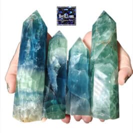 HerMJ Vibrant Large Green Fluorite Towers - Held In Hands, polished green and blue gemstones with natural patterns, perfect for decor or collection displays, showcased by HerMJ Gemstone Jewelry.