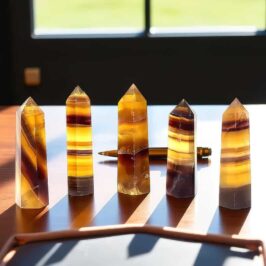 Discover the Allure of Brown Fluorite Towers Our set of five hand‑picked 3-inch and 4-inch brown fluorite towers showcases nature’s own palette—deep, earthy browns interwoven with subtle crystal hues that shift with every angle. Elegant Distinction Each tower is a sculptural statement: the robust brown base anchors your décor, while crystalline bands ripple across its surface, creating a dynamic interplay of light and shadow. The result? A focal point that’s both refined and unmistakably original. Naturally Accented Form Fluorite’s characteristic banding brings a decorative display of natural art, whether you adorn a bookshelf or place them as a centerpiece on a coffee table. A Touch of Extraordinary So unique, no two towers are identical. The gentle variations in hue and pattern make the collection an elegant home decor centerpiece.