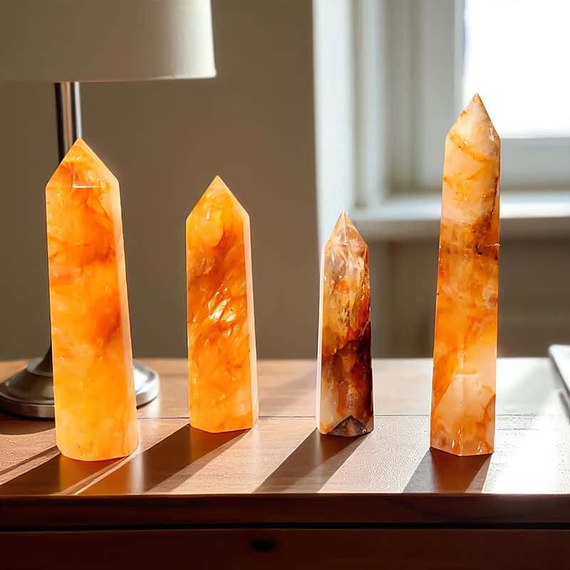 Golden Healer Tower On Side Table display showcasing natural gemstone jewelry, handcrafted with vibrant gemstone accents for a unique and elegant look.