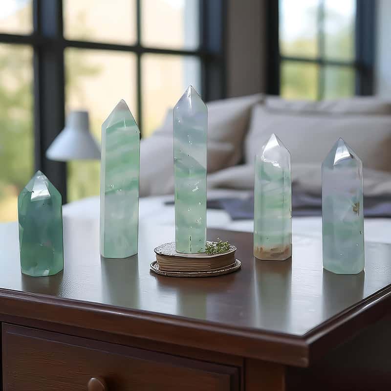 Green Fluorite Towers On A Bedroom Table. Green gemstone crystal decor for jewelry display and interior styling.