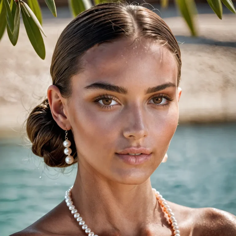 Best Colors For Olive Skin Tone. Model With Pearl Pearl Earrings and Necklace