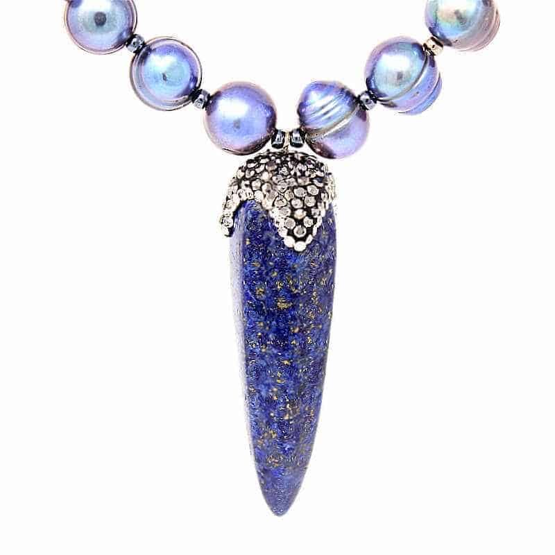 Goddess Lapis Pearl Necklace - pendant Cledora Biwa Pearl Necklace - Biwa detail