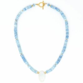 Rainbow Moonstone Aquamarine Gold Pendant Necklace