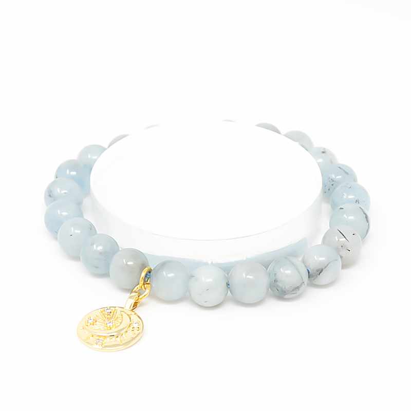 Aquamarine Gemstone Meaning Aquamarine Gemstone Artisan Bracelet with gold charm from HerMJ