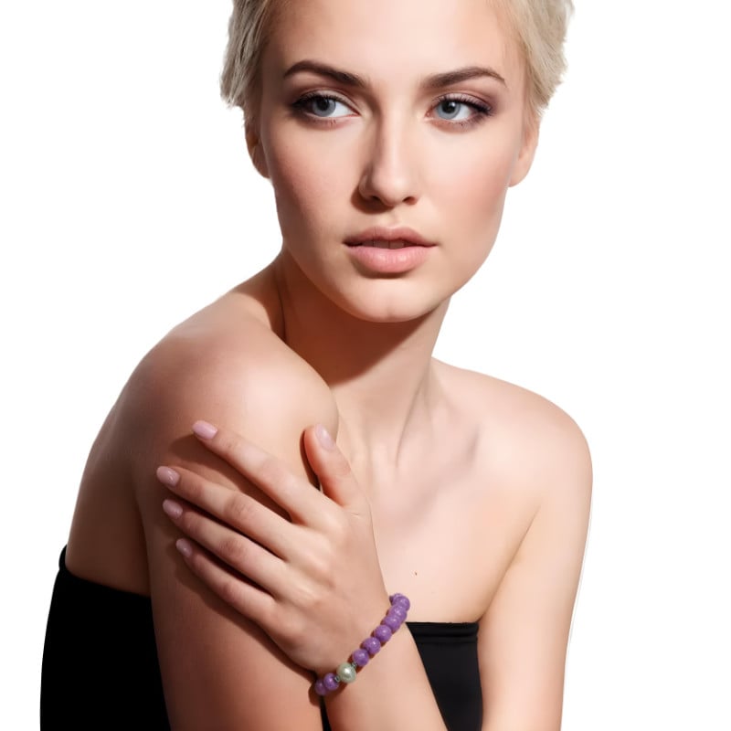 Purple Lepidolite Bracelet With Tahitian Pearl Enchase - HerMJ Lifestyle Model