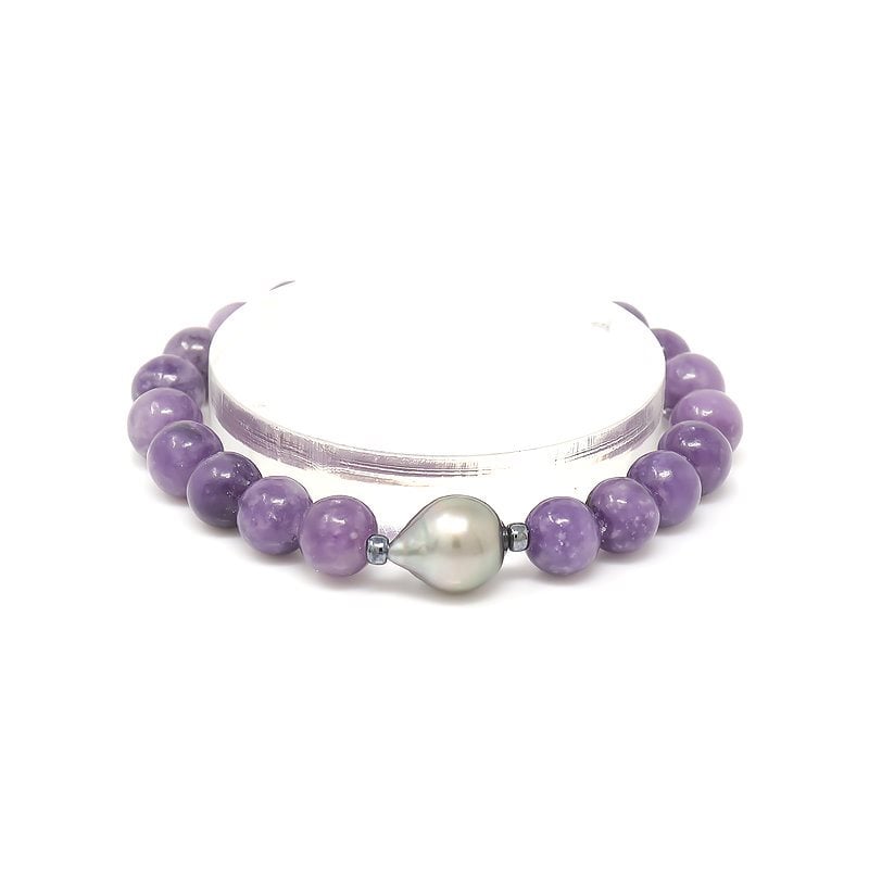 Purple Lepidolite Bracelet With Tahitian Pearl Enchase - HerMJ