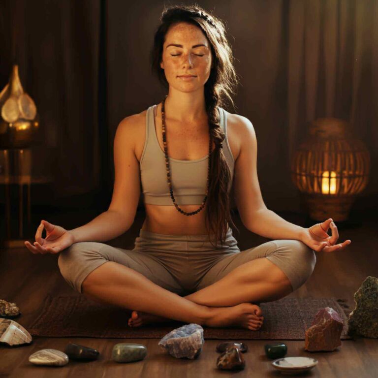 gemstone popularity through history - a woman meditates with gemstones
