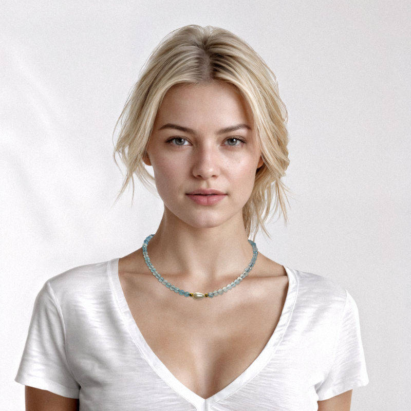 Pearl And Aquamarine Necklace - HerMJ Lifestyle Model