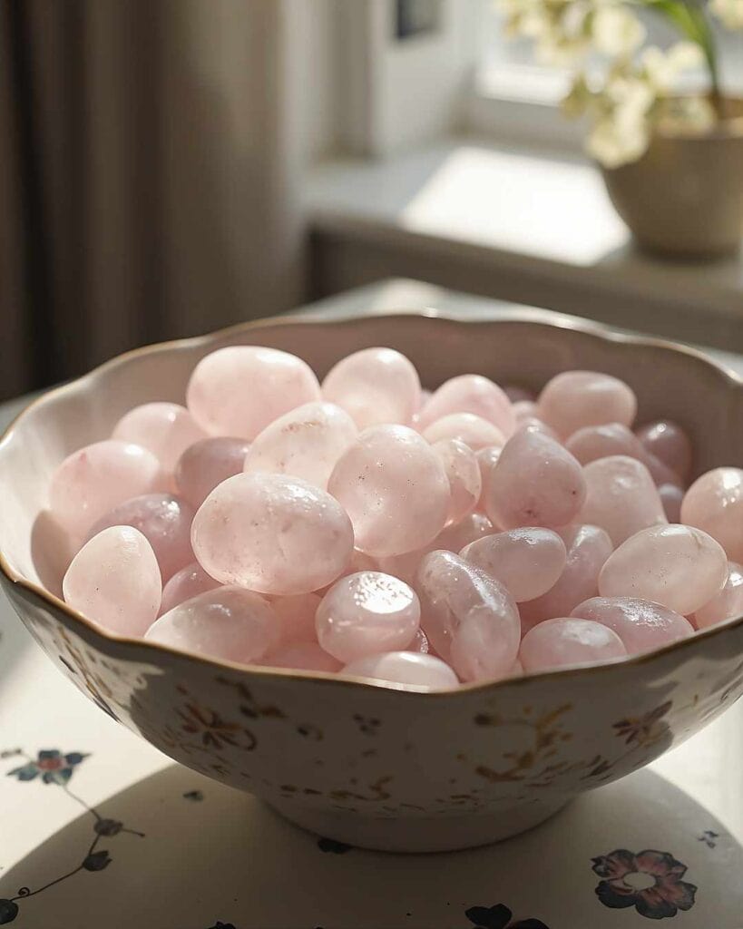 Rose Quarts crystal table decor in decorative kitchen bowl