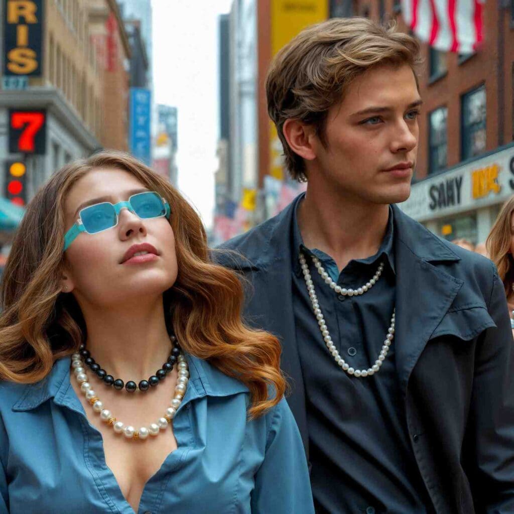 A Man And Woman Layering Pearl Necklaces