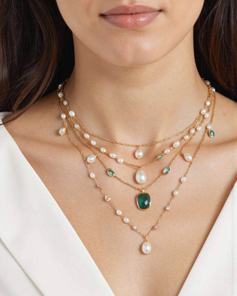 How to layering Pearl Necklaces with Crystals - Shown: layered pearls with crystals for a unique look.