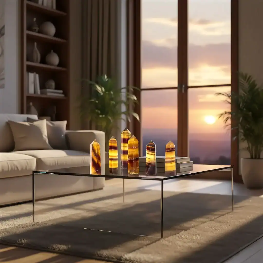 Brown Fluorite Gemstone Home Decor Towers on a living room tempered glass table