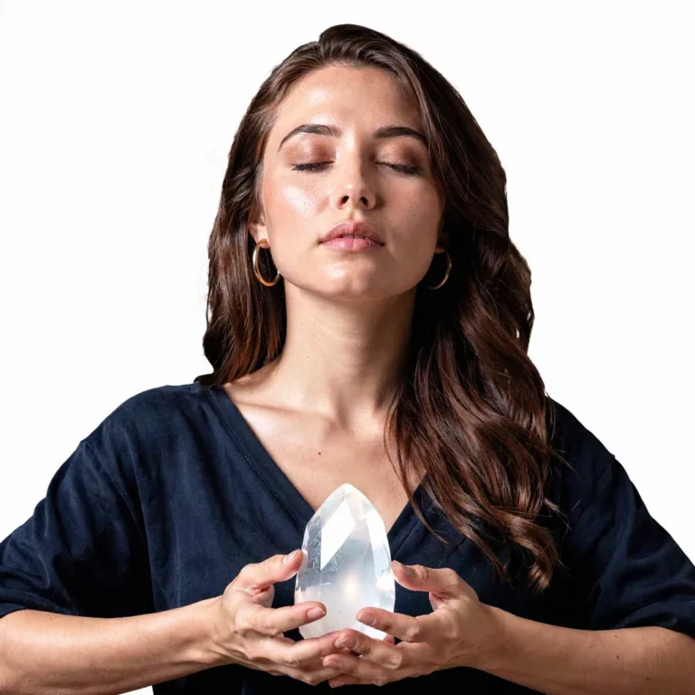 Significato spirituale della pietra di luna Una donna tiene in mano un grande cristallo di pietra di luna.