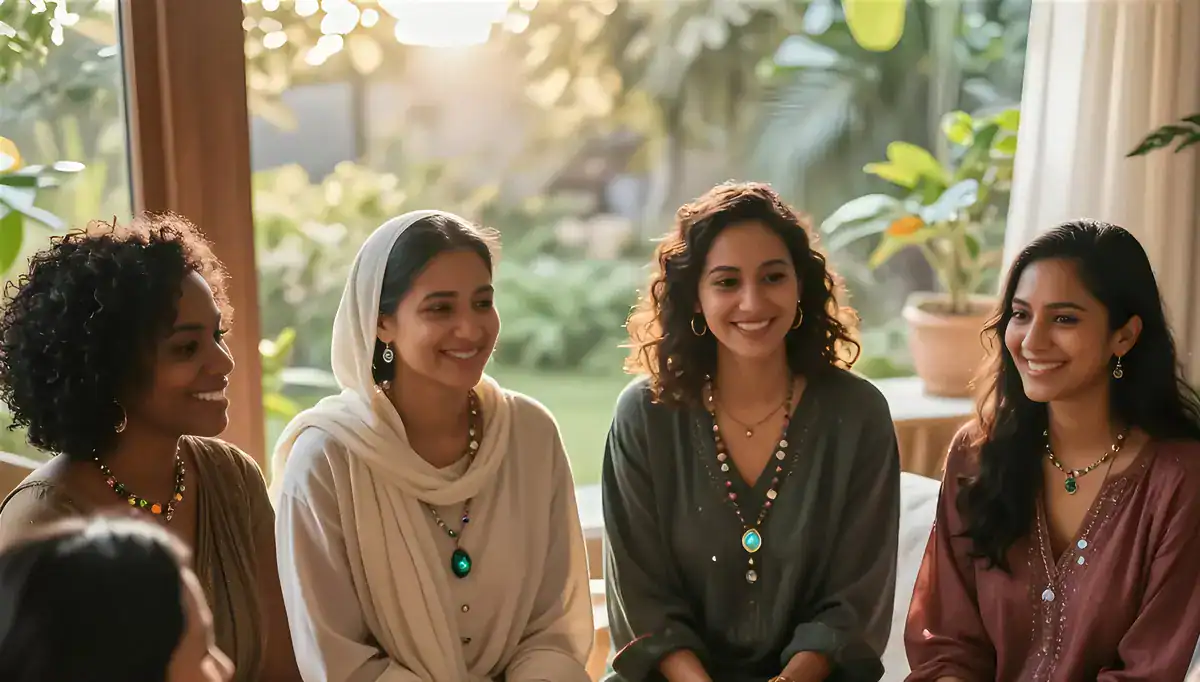 Women wearing gemstone jewelry in a cozy indoor setting, showcasing the healing power of gemstones and their beauty for wellness and style.