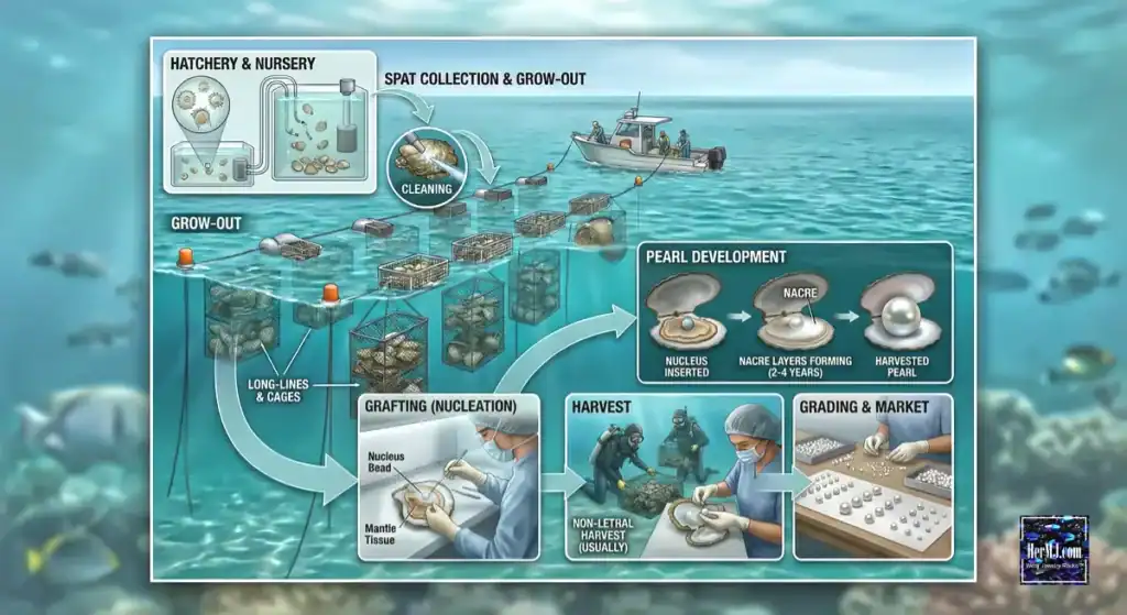 The Ultimate Guide to Cultured & Freshwater Pearls Oyster Pearl Farm Harvesting Infographic - HerMJ