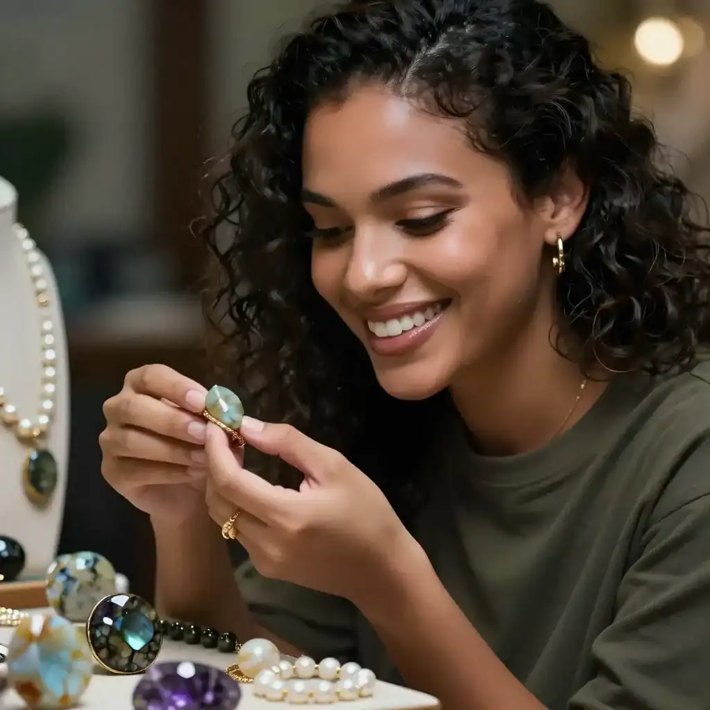 Beautiful woman wearing gemstone jewelry, showcasing her cool undertones with vibrant gemstone accessories. Perfect for enhancing cool skin tones with stylish, high-quality jewelry pieces.