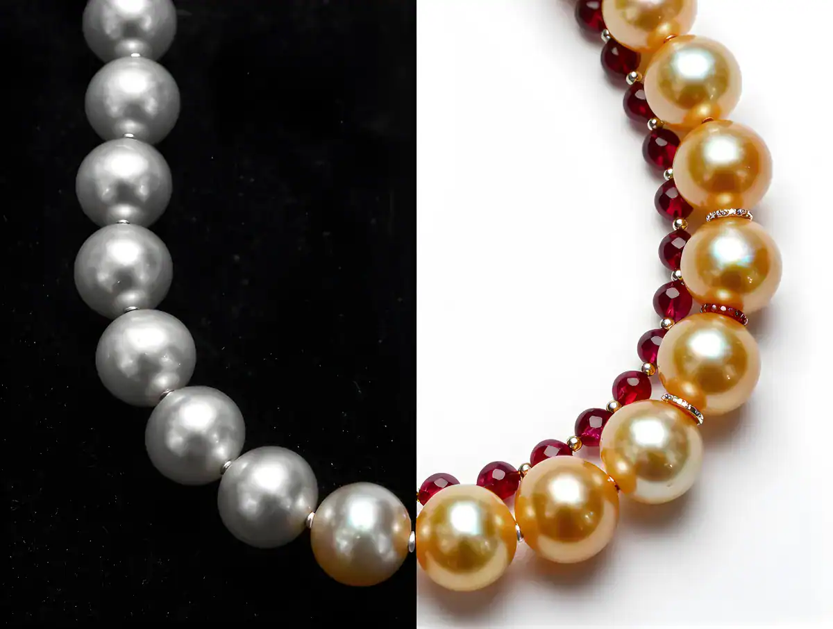 Monochrome vs Vibrant Pearl and Gem Contrast close-up of stunning freshwater pearl and gems showcasing contrasting colors and textures.