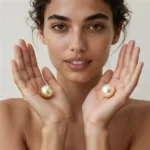 The Difference Between Freshwater And Saltwater Pearls. Shown: Model holds a South Sea pearl and a freshwater pearl.
