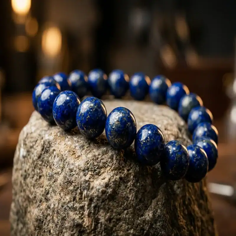 Lapis stretch bracelet on a stone pedestal Lapis stretch bracelet on a stone pedestal
