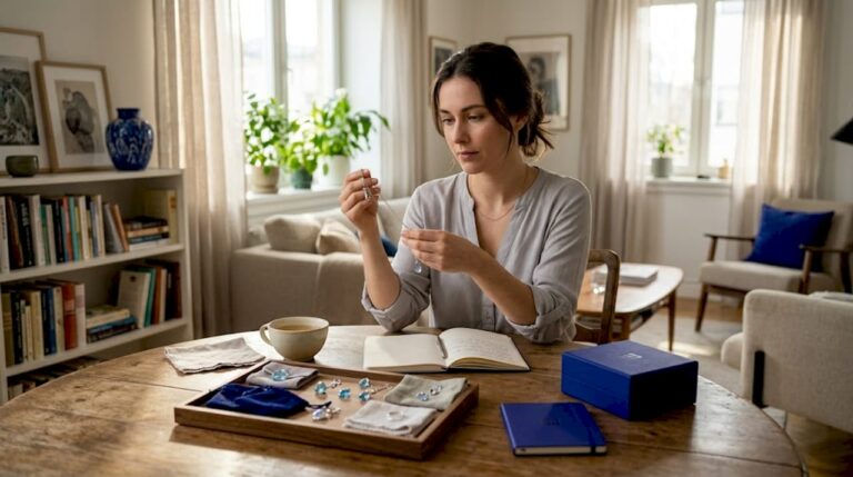 Woman examines affordable gemstone jewelry at home table