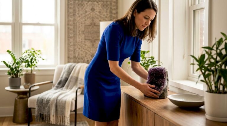 Woman arranging gemstone decor in living room