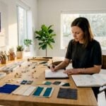 Jewelry designer sketching at studio workbench