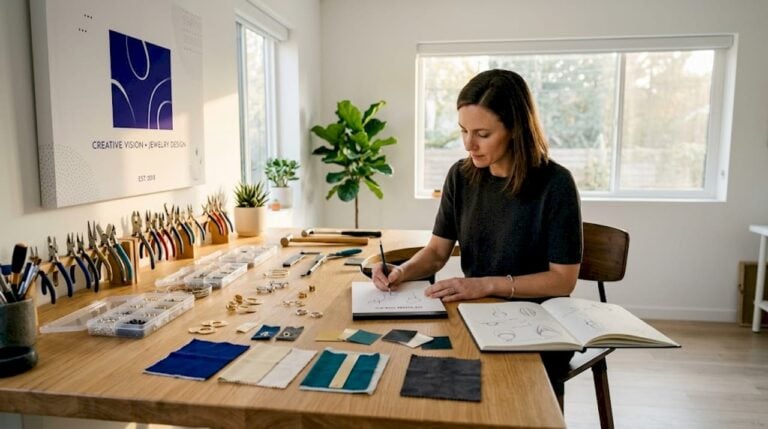 Jewelry designer sketching at studio workbench