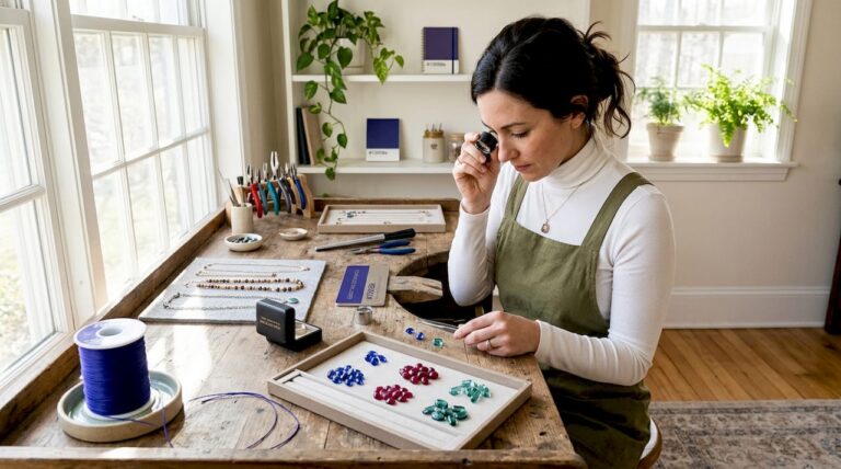 Jewelry designer sorting gemstones in studio
