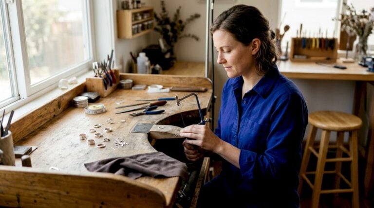 Artisan sawing silver at cluttered jewelry workbench