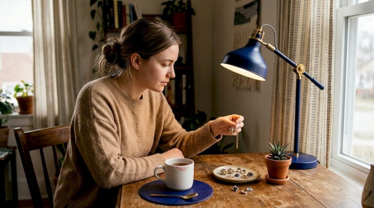 Woman examines gemstone cluster pendant at home