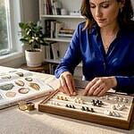 Expert arranging assorted pearls on tabletop