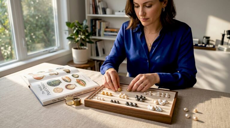 Expert arranging assorted pearls on tabletop