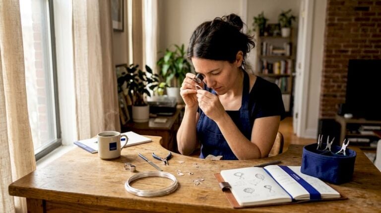 Artisan jeweler working with tools in studio