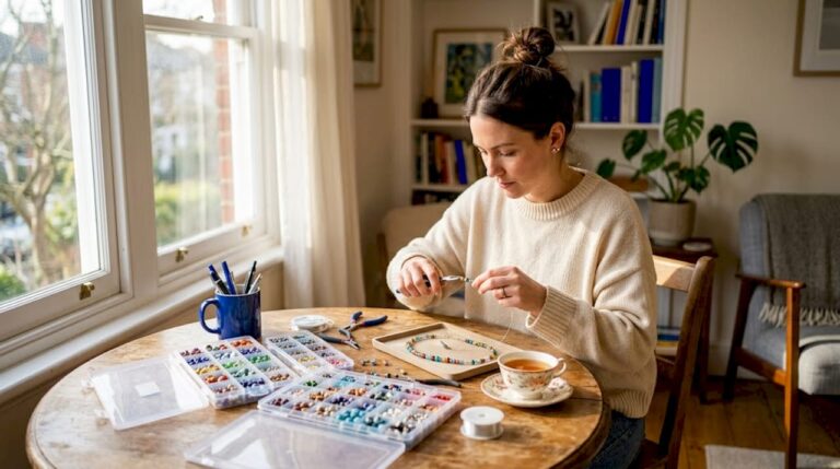 DIY jewelry maker stringing beads at home
