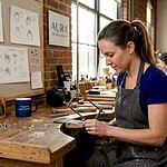 Artisan jeweler hand-sawing ring in studio