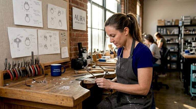 Artisan jeweler hand-sawing ring in studio
