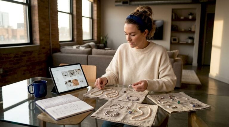 Woman comparing artisan jewelry on home table