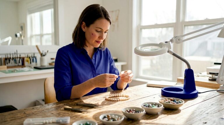 Artisan threading pearls at jewelry bench in workshop