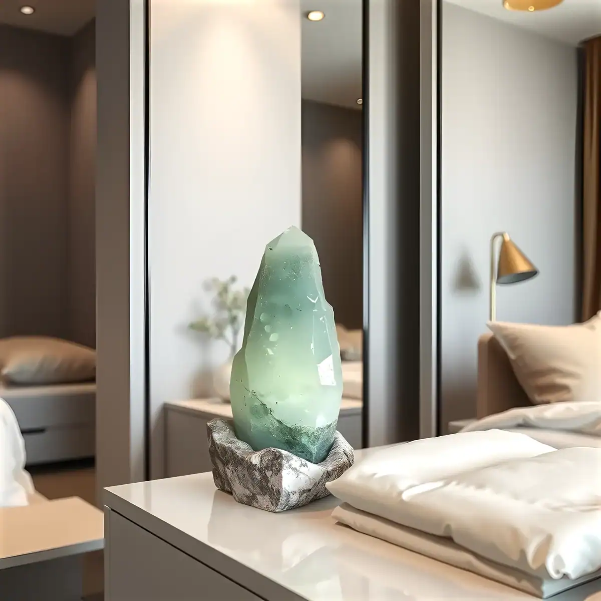 What Home Decor Colors Are Best for Decorating the Bedroom? Green fluorite crystal on a bedroom table