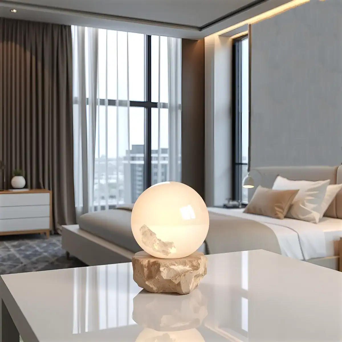 What Home Decor Colors Are Best for Decorating the Bedroom? Modern bedroom with a rose quartz gemstone sphere on a table display