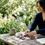 Woman arranging healing crystals on table