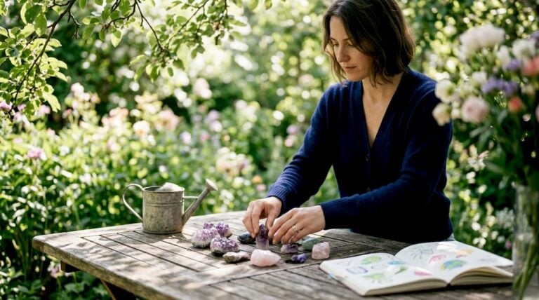 Woman arranging healing crystals on table