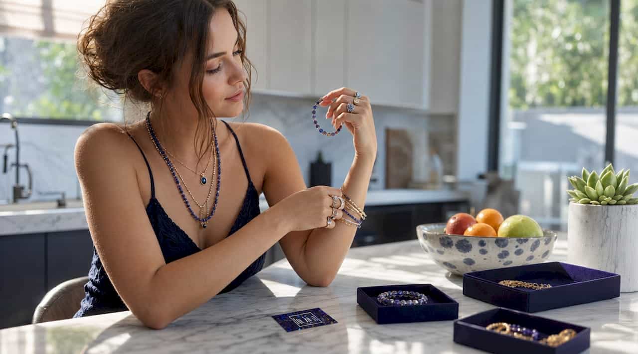 Combina joyas con piedras preciosas en looks modernos que atraerán todas las miradas. Mujer luciendo joyas de piedras preciosas mixtas en casa.