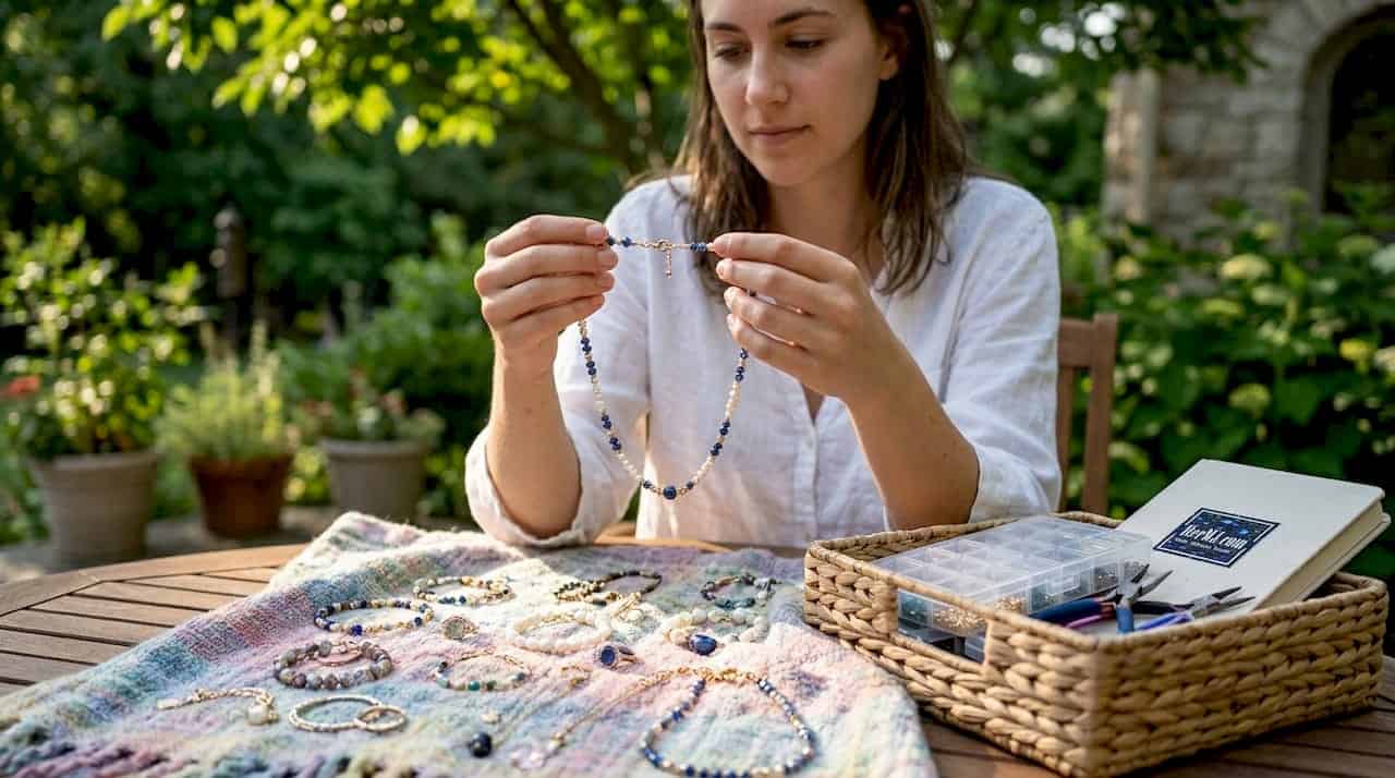 Las 3 mejores alternativas a dharmashop.com para joyería única en 2026 Mujer examinando joyas únicas hechas a mano con piedras preciosas en una mesa de madera.